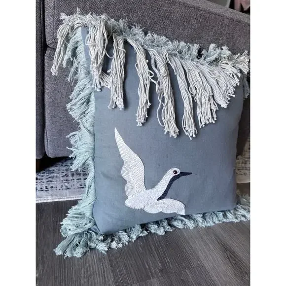LOLOI Justina Blakeney blue beaded Egret bird embellished accent throw pillow - Picture 6 of 6
